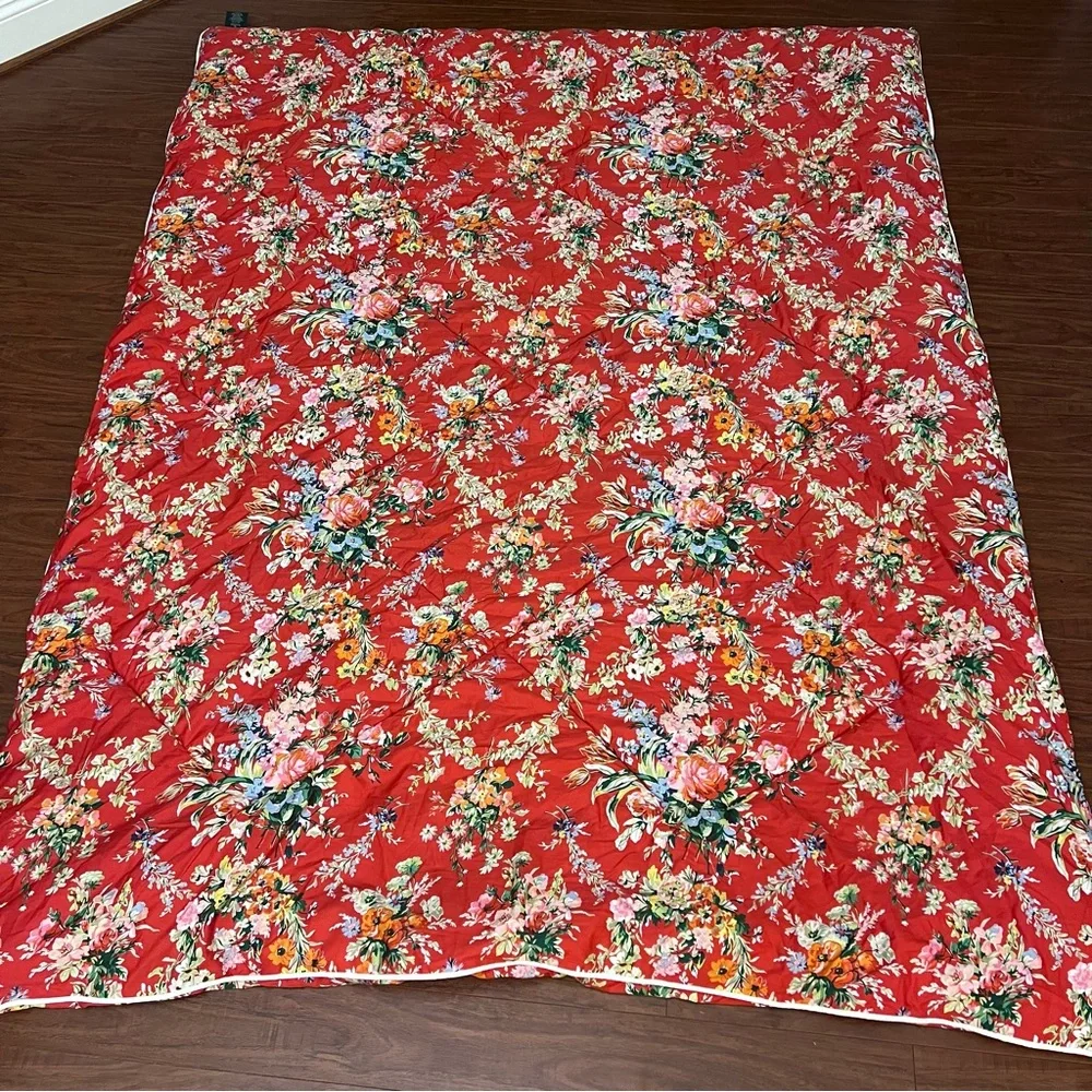 Lauren Ralph Lauren Twin Comforter Red Floral Vintage Cotton Quilted DD‎